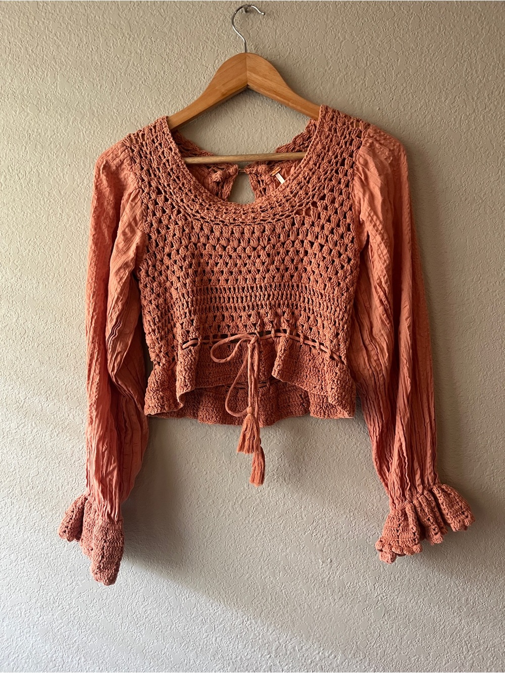 Free People Megan Top in Coral Crochet Peasant Long-Sleeve Top XS